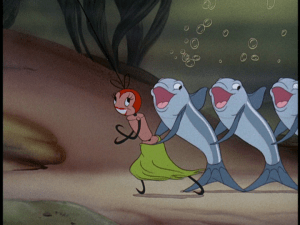 Goofy uses one of his lures to bring the fish to him in a conga line