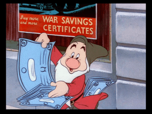 Even Grumpy comes out of the post office happy as he carries his war bonds