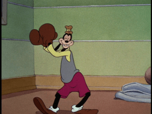 Goofy arrives at the boxing gym, ready to learn all the fundamentals of how to defend himself