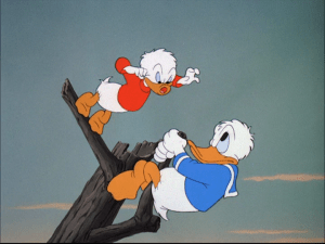 The nephews' costume rips away, revealing the trick they played on their Uncle Donald