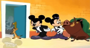 Mickey and Minnie watch as Timon and Pumbaa fight over their act