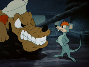 Pluto tries to intimidate the rat, but the rat doesn't show the slightest bit of fear
