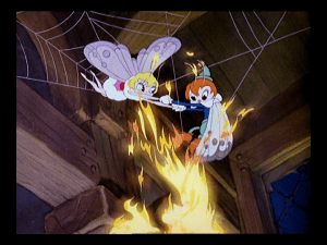 The boy moth tries desperately to free his girlfriend, with the flame always close behind