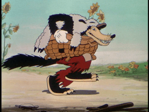 The Wolf tries to use a disguise to trick the pigs into letting him in