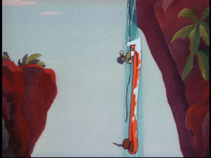 Donald falls down a waterfall after being shot at by Japanese snipers