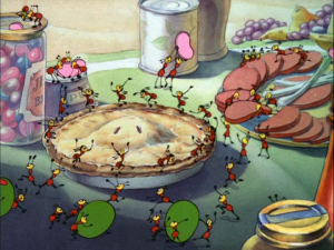 The ants quickly gather the food left out by Donald as he went for a swim