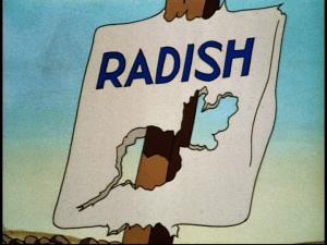 The gopher devours Donald's radishes, including the picture of the crop