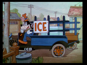 Goofy arrives as the ice delivery man