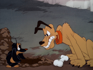 Pluto has several angry confrontations with the dachshund, unaware that he is the one giving her the bone