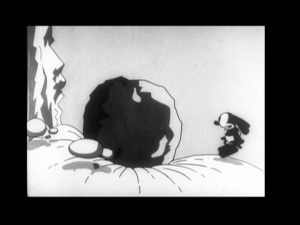 After his fall, Oswald narrowly misses being hit by a boulder, but is chased by it down a hill