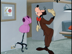 Goofy borrows a dressmaker's dummy to teach himself how to dance, with disastrous results
