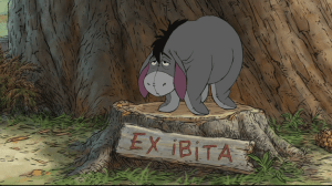 Eeyore is placed on display as Exhibit A when Christopher Robin announces the search for Eeyore's tail