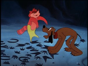 Pluto is momentarily thrown off by the trick the raccoon left for him