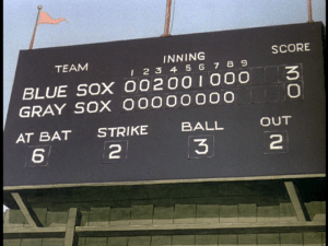 At the last inning of the World Series, the Blue Sox are leading, three to nothing