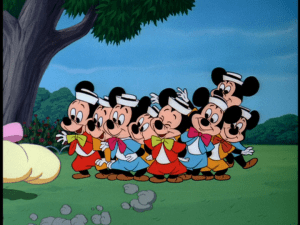 All of Mickey's nephews arrive for the party, bringing Pluto a large bone-shaped present