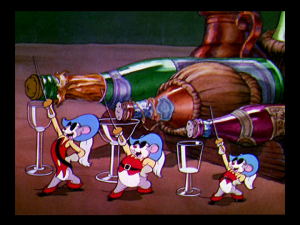 The mice are ready to open champagne, unaware that Captain Katt is sleeping nearby