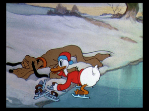 Donald takes skates and ties them to the sleeping Pluto's feet