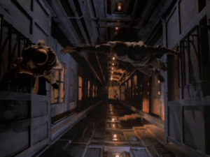 Buzzy tries to help Anna escape from the soon-to-crash elevator using the safety hatch on the elevators