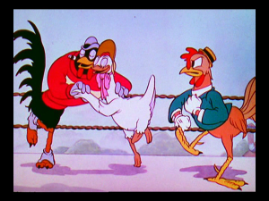 Angered by the champion taking his girl, the hick rooster tries to break them up
