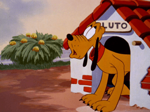 Pluto begins his crooning, thanks to the record player hidden in his doghouse