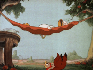 As Donald sleeps, he is unaware of the chicken/caterpillar conflict brewing underneath his hammock 
