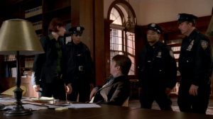 Beckett arrives to have Castle arrested for stealing her files