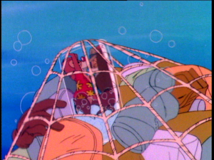 Chip and Dale push against the bottle to free themselves from the net
