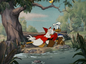 Devil convinces Donald to skip school and go fish, where they share jokes and waste the day