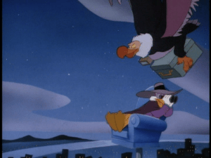 As Darkwing searches for danger, a suspicious condor flies past him carrying a trunk