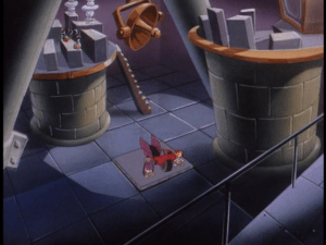 Gosalyn stands amazed at the size of Darkwing's lair, hidden in the city's bridge