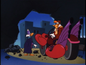 Just when things look hopeless for Darkwing, Launchpad appears and saves the day