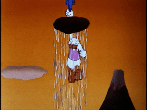 During a flying lesson, Donald hands precariously from a tree branch, getting rained on by a passing storm cloud