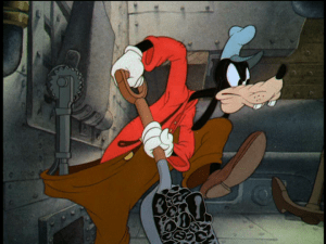 Goofy fights the boiler, unaware that he is caught on the lever for the coal release