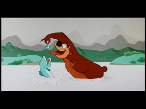 Humphrey finally catches a fish, but it is almost gobbled up by a bigger fish