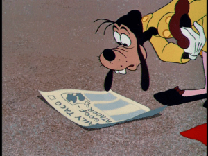 Thanks to an errant newspaper, Goofy finally understands why he's in the arena in a matador costume