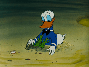 The alligator hatchlings mistakenly think that Donald is their mother, much to Donald's dismay