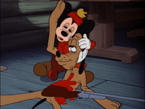 Mickey holds Pluto, thinking that the dog is dying from a gunshot wound