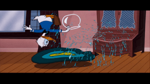 Donald trips on a misplaced throw rug, spilling water from a full fishbowl and literally landing in trouble