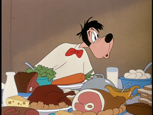 Goofy unloads the fridge of its contents, but is soon scolded by his reflection