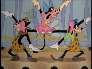 Clarabelle Cow, Horace Horsecollar, and Goofy begin their interesting ballet