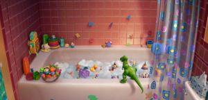 Rex turns on the water to start the party for the bath toys, earning his name "Partysaurus Rex"