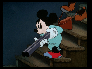Mickey accidentally gets his gun caught on a pair of shoes, which follow him down the stairs