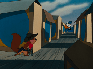 Donald searches for the flying squirrel as he hides among the snack boxes