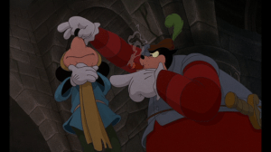 The Captain plans to keep the Prince locked in the dungeon while Mickey takes the crown