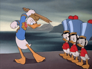 Finding that his nephews tricked him, Donald takes away their chevrons and weapons, dismissing them from his service