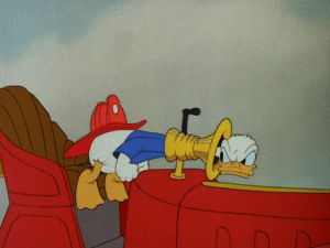 Donald rushes back to the fire at his own station, only to get stuck in the horn after he comes to a sudden stop
