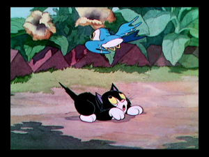 The bird mocks the kitten for not only missing the turtle, but being unable to attack him as well