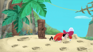 Hook searches everywhere for Jake's hideout, but doesn't realize the door's secret lever is right behind him