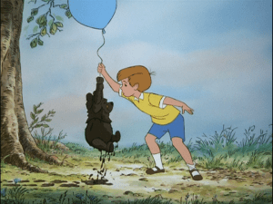 Pooh dons his disguise, and Christopher Robin lends him the balloon to help him float