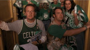 Flaherty and O'Hara arrive at the game, all decked out in their Celtics gear